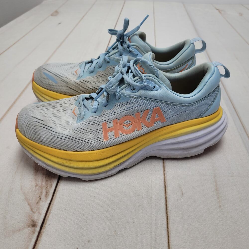 Hoka One One Bondi 8 blue pastel yellow running shoes sneakers
